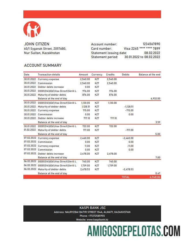 Exemplo de extrato bancário Kaspi do Cazaquistão Xls